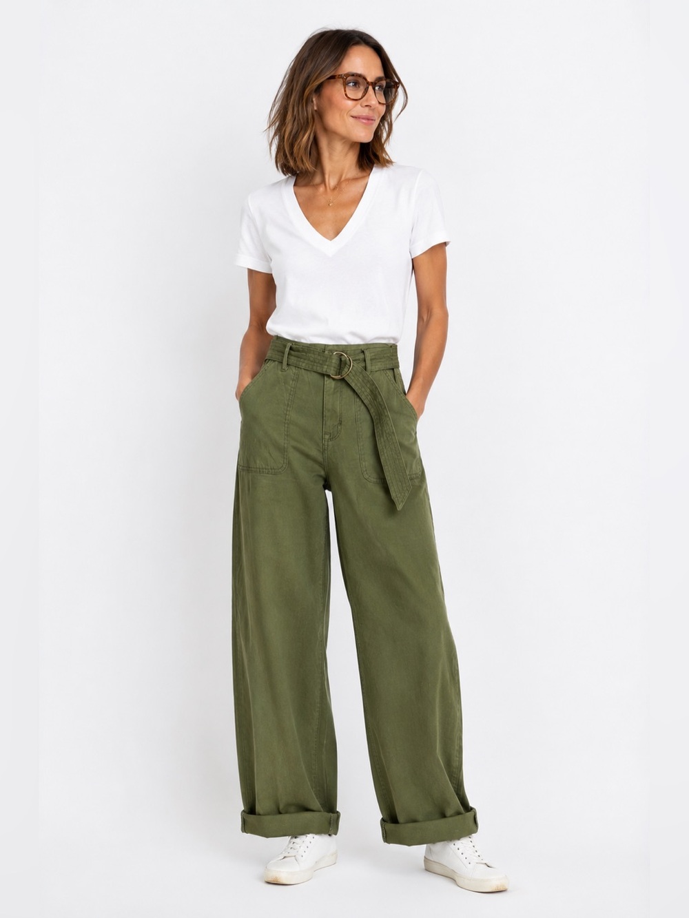 Kensie Jeans - Wide-Leg Pants with Belt - Olive Green
